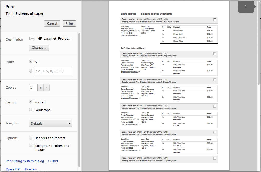 Lista de pedidos de impressão do Pluginthemebr